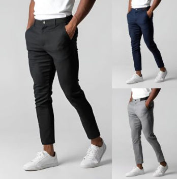 Comfortable Solid Color Pants Elegant Slim Fit Men's Business Trousers With Elastic Waist Button Closure Pockets
