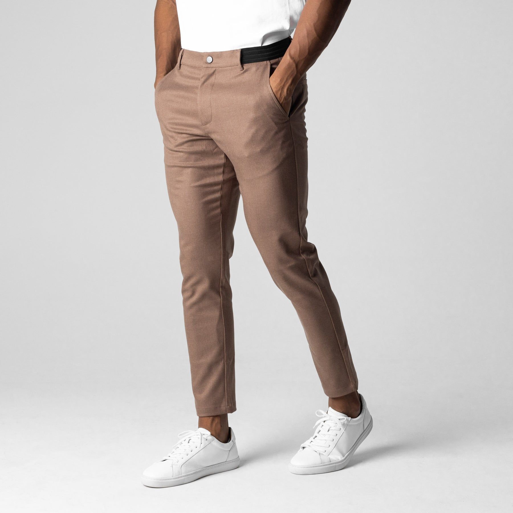 Comfortable Solid Color Pants Elegant Slim Fit Men's Business Trousers With Elastic Waist Button Closure Pockets