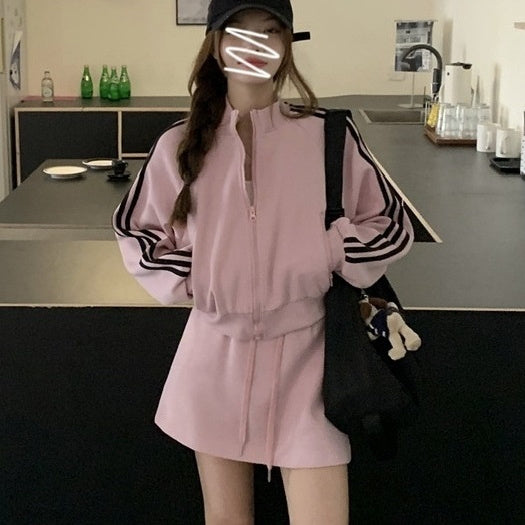 Casual All-match Suit Women's Pink Sweatshirt Coat Skirt