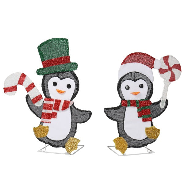 Set Of 2 Lighted Penguin And Candy Cane Christmas Decorations, Pre-lit 2D Holiday Decor With 80 Warm White LED Lights For Xmas Outdoor Indoor Decor Lighted Holiday Displays