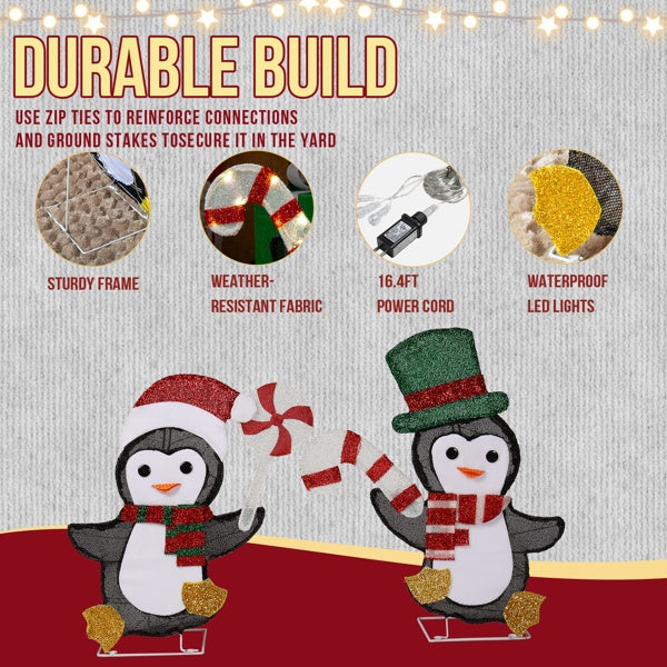 Set Of 2 Lighted Penguin And Candy Cane Christmas Decorations, Pre-lit 2D Holiday Decor With 80 Warm White LED Lights For Xmas Outdoor Indoor Decor Lighted Holiday Displays