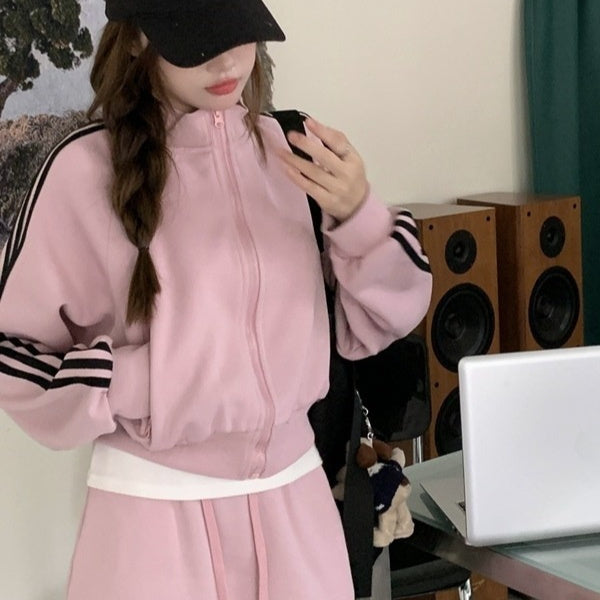 Casual All-match Suit Women's Pink Sweatshirt Coat Skirt