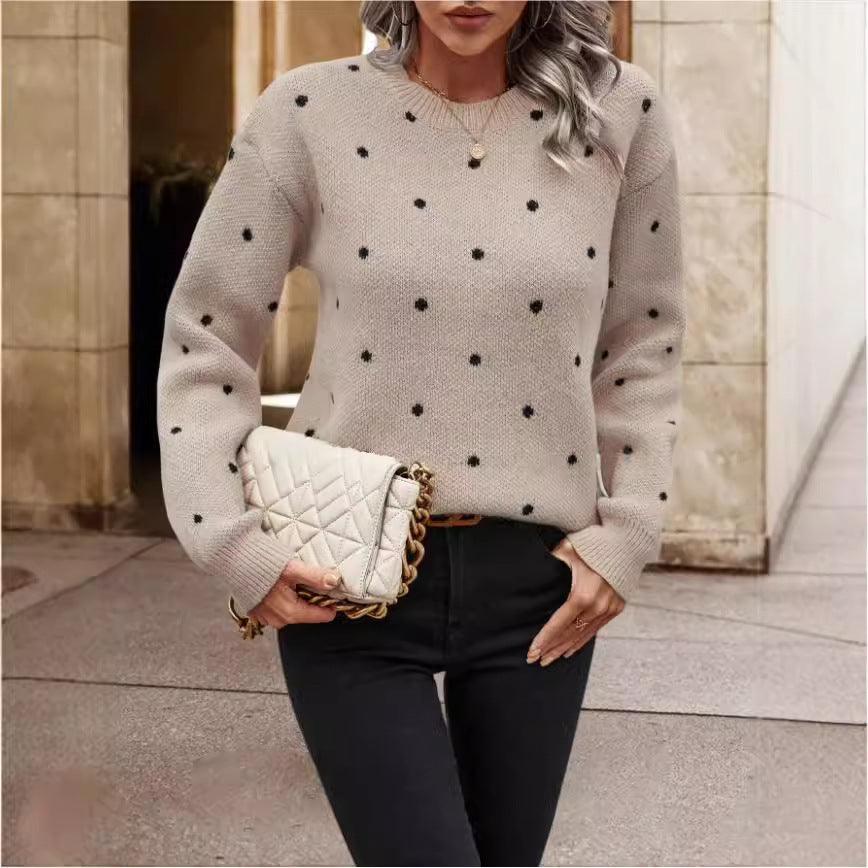 Ins Polka Dot Print Pullover Sweater Fashion Casual Long-sleeved Jacquard Knitted Top Winter Round Neck Clothing For Women