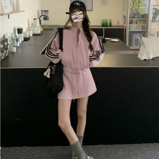 Casual All-match Suit Women's Pink Sweatshirt Coat Skirt