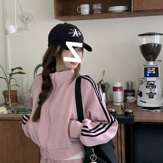 Casual All-match Suit Women's Pink Sweatshirt Coat Skirt