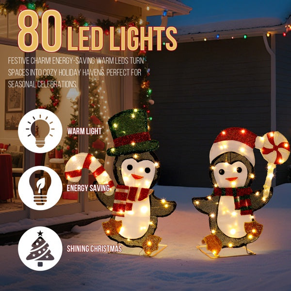 Set Of 2 Lighted Penguin And Candy Cane Christmas Decorations, Pre-lit 2D Holiday Decor With 80 Warm White LED Lights For Xmas Outdoor Indoor Decor Lighted Holiday Displays