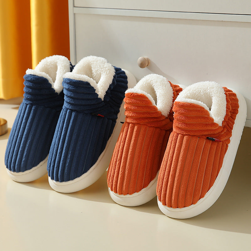 Winter Plush Home Shoes Fashion Solid Color Stripes Floor Bedroom Slippers Indoor Outdoor Garden Shoes For Women Men Couples